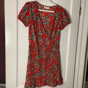 Molly Bracken Floral Print Mini Dress Red Green Short Sleeve Wrap‎ Ruffle small